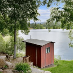 A quaint small house located by a peaceful lake, featuring a spacious deck.