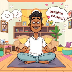A vibrant cartoon image of Rajesh, a busy project manager and parent, practicing the '4-7-8' breathing technique in a playful and cheerful setting