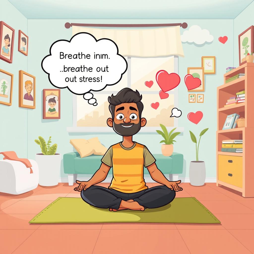 A vibrant cartoon image of Rajesh, a busy project manager and parent, practicing the '4-7-8' breathing technique in a playful and cheerful setting