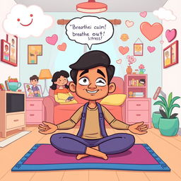 A vibrant cartoon image of Rajesh, a busy project manager and parent, practicing the '4-7-8' breathing technique in a playful and cheerful setting