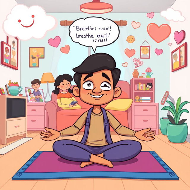 A vibrant cartoon image of Rajesh, a busy project manager and parent, practicing the '4-7-8' breathing technique in a playful and cheerful setting