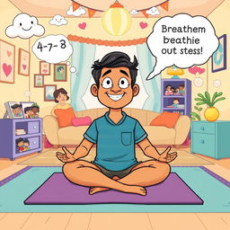A vibrant cartoon image of Rajesh, a busy project manager and parent, practicing the '4-7-8' breathing technique in a playful and cheerful setting