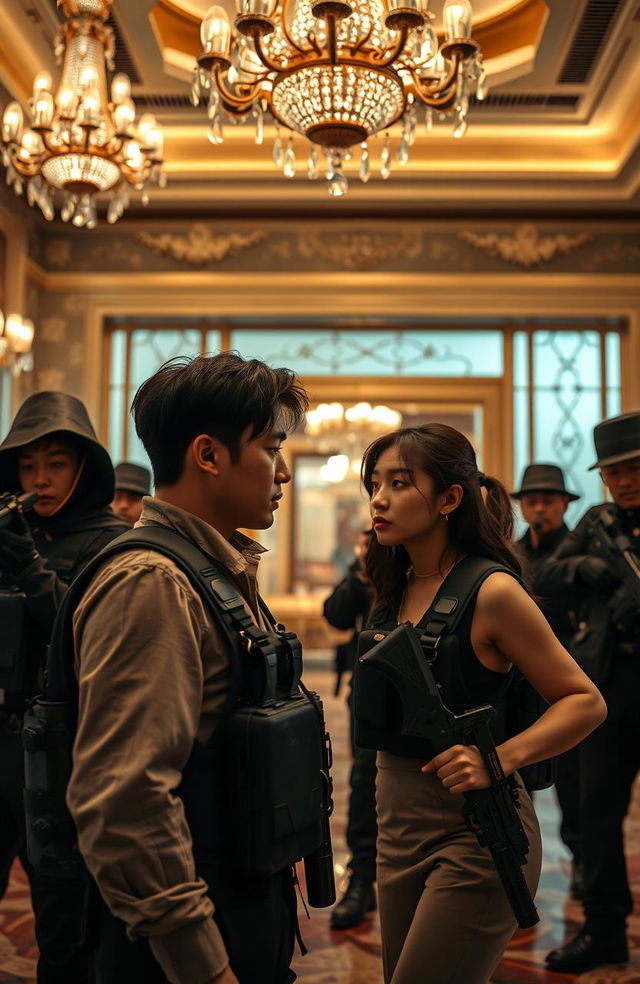 A dramatic scene in a luxurious hotel lobby, featuring seven Korean individuals in tactical wearpacks, each armed with guns