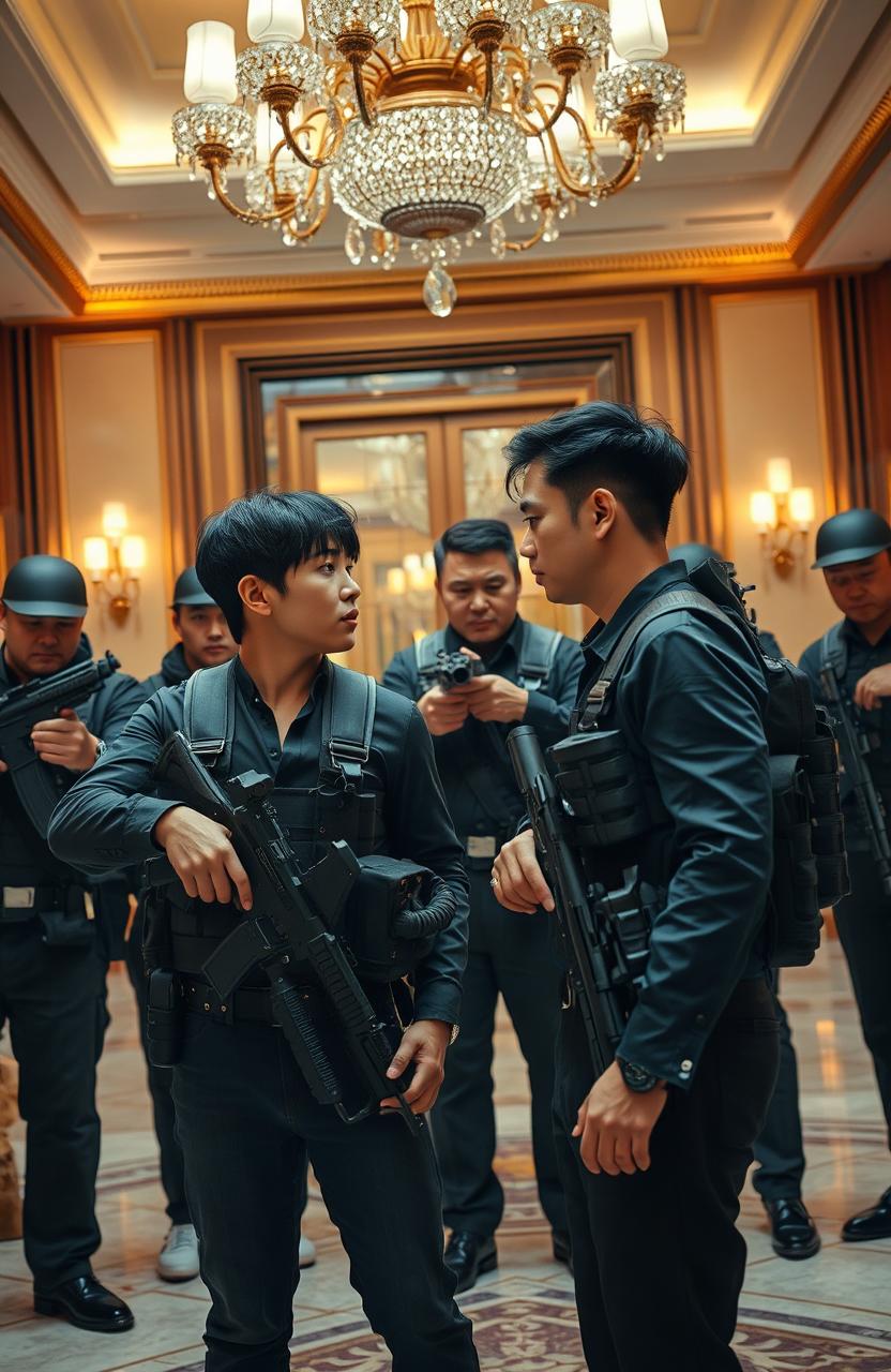 A dramatic scene in a luxurious hotel lobby, featuring seven Korean individuals in tactical wearpacks, each armed with guns