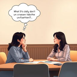 A motivational scene illustrating Lily, a professional woman, having a calm and constructive conversation with her co-worker during a meeting