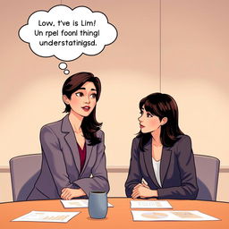 A motivational scene illustrating Lily, a professional woman, having a calm and constructive conversation with her co-worker during a meeting