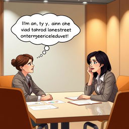 A motivational scene illustrating Lily, a professional woman, having a calm and constructive conversation with her co-worker during a meeting