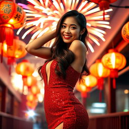 A beautiful Asian woman celebrating the New Year, wearing a stunning, seductive red dress that sparkles with sequins