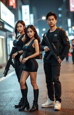 A striking depiction of beautiful Korean women and handsome Korean men, all dressed in sleek black wearpacks