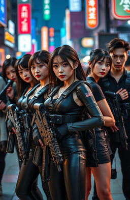 A striking depiction of beautiful Korean women and handsome Korean men, all dressed in sleek black wearpacks