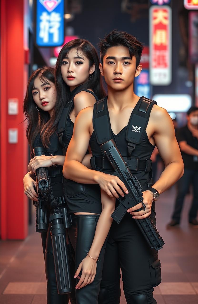 A striking depiction of beautiful Korean women and handsome Korean men, all dressed in sleek black wearpacks