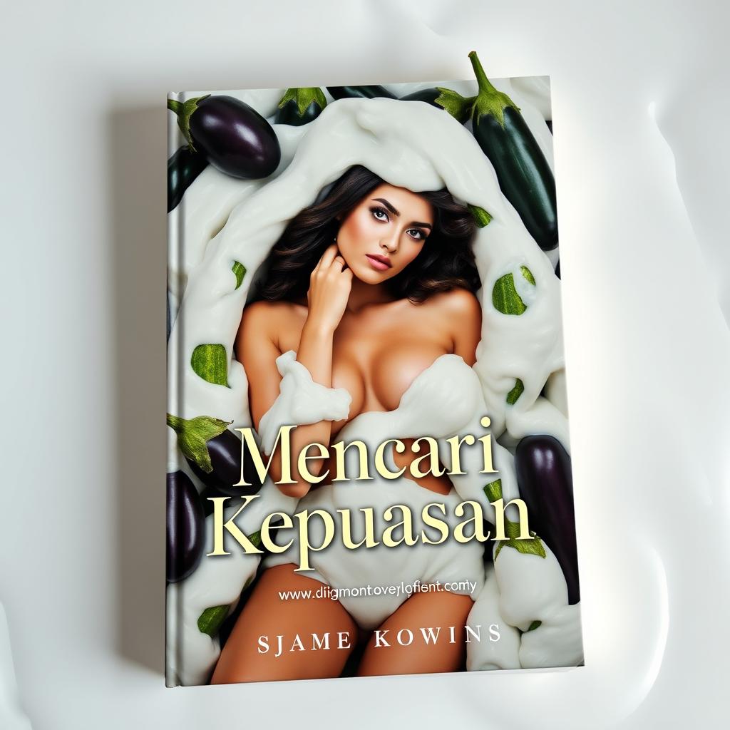 A book cover featuring a sexy girl surrounded by cucumbers and eggplants, all covered in a thick white substance