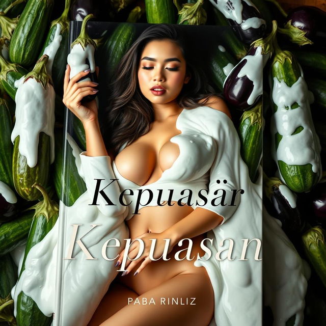 A book cover featuring a sexy girl surrounded by cucumbers and eggplants, all covered in a thick white substance