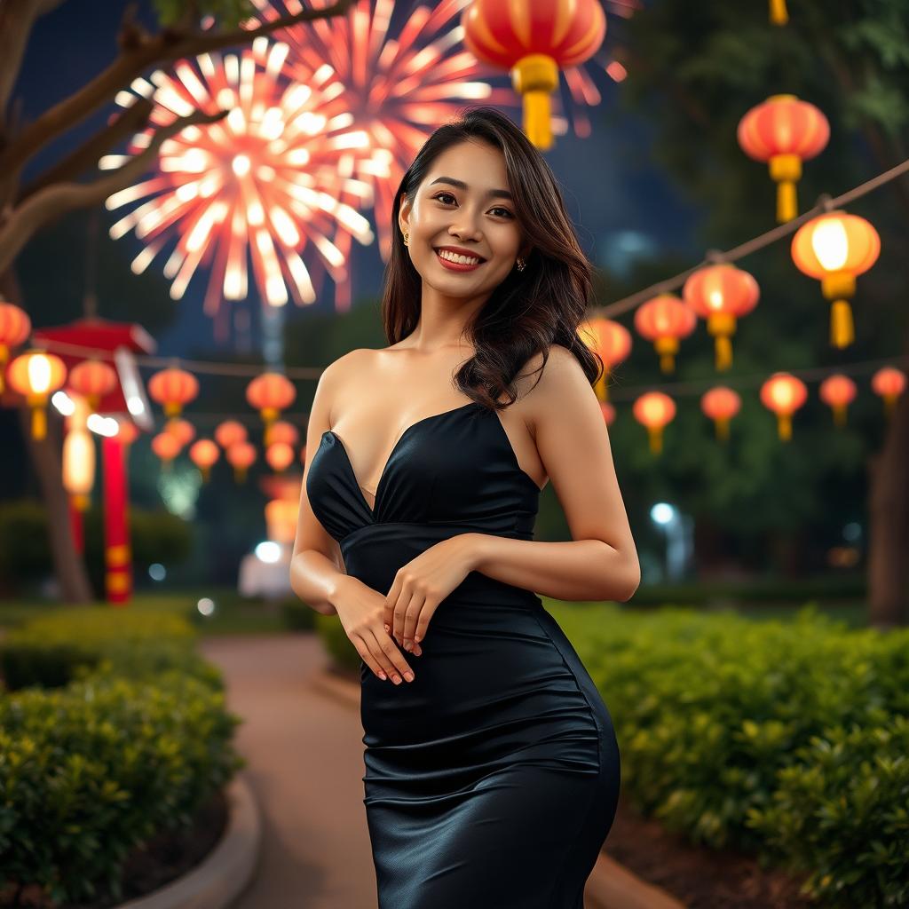 A beautiful Asian woman celebrating the New Year in a park, wearing a black seductive dress that elegantly showcases her figure