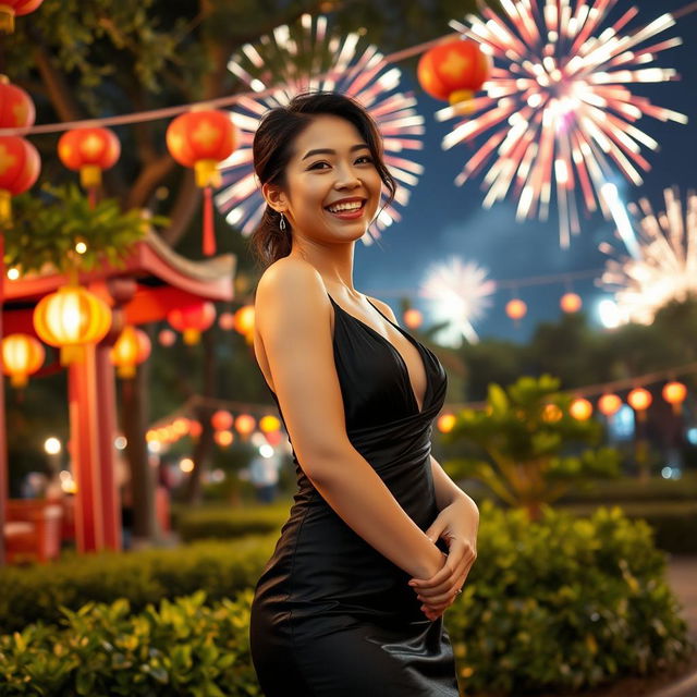 A beautiful Asian woman celebrating the New Year in a park, wearing a black seductive dress that elegantly showcases her figure