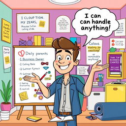 A motivating cartoon image featuring Sam, a solo parent and business owner, as he enthusiastically manages his busy day