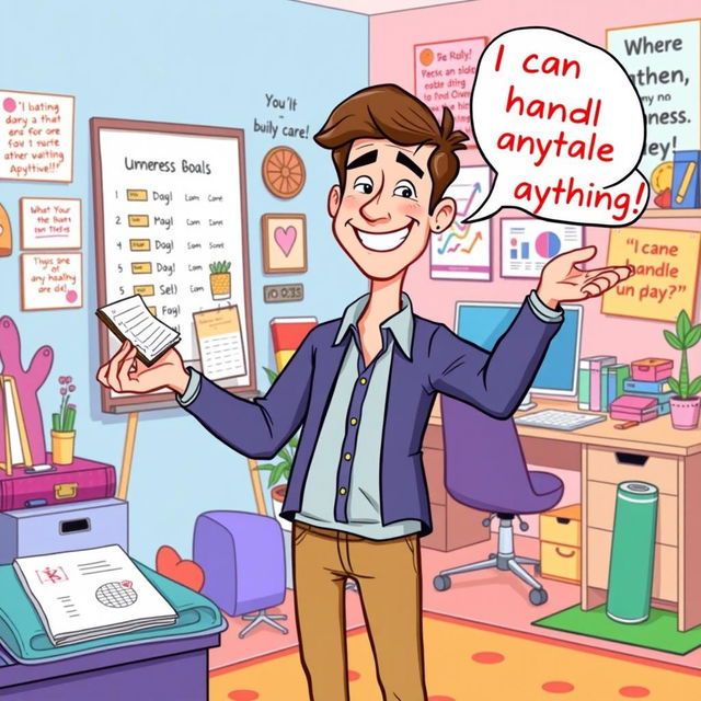 A motivating cartoon image featuring Sam, a solo parent and business owner, as he enthusiastically manages his busy day