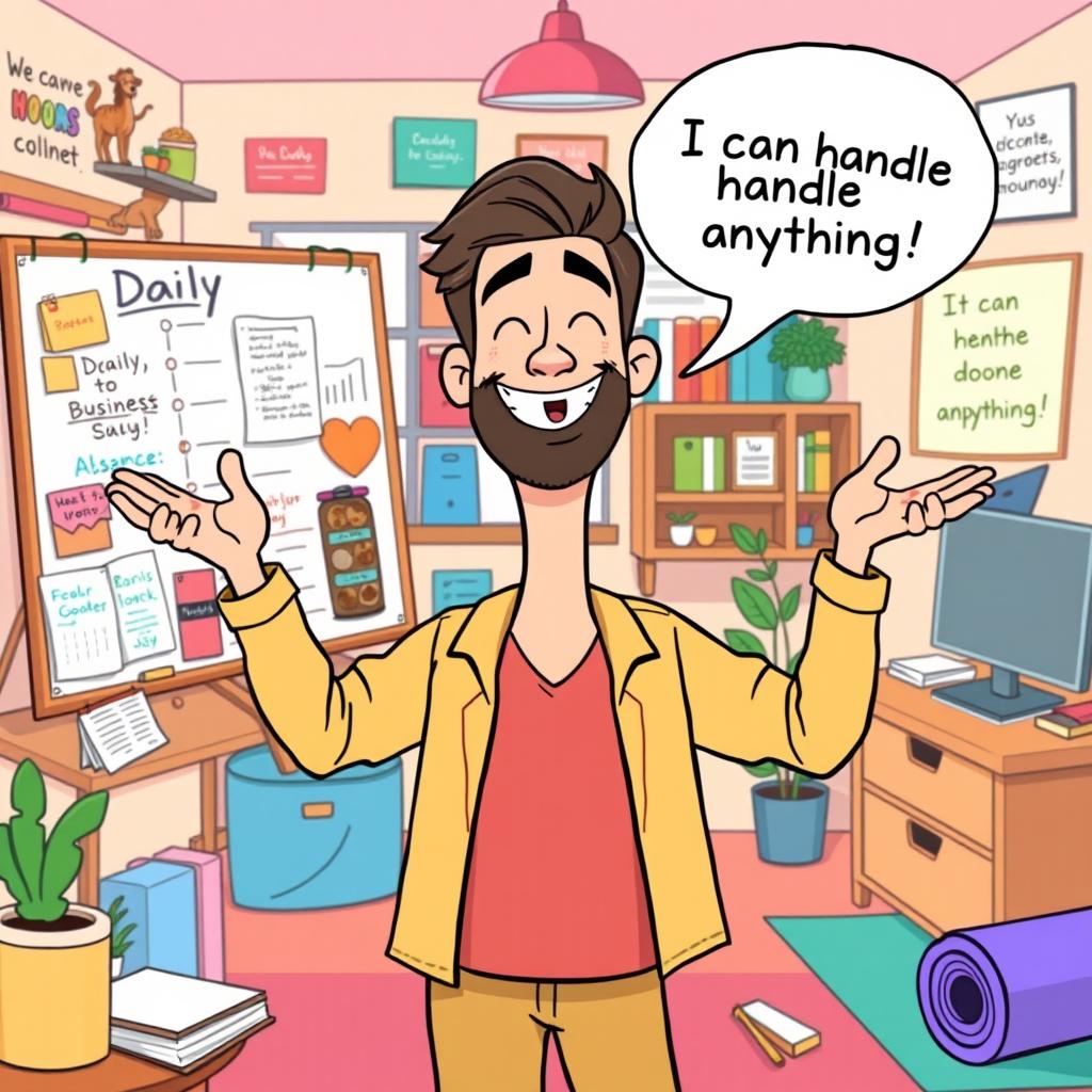 A motivating cartoon image featuring Sam, a solo parent and business owner, as he enthusiastically manages his busy day