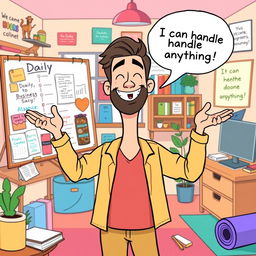 A motivating cartoon image featuring Sam, a solo parent and business owner, as he enthusiastically manages his busy day