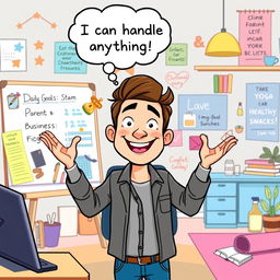 A motivating cartoon image featuring Sam, a solo parent and business owner, as he enthusiastically manages his busy day