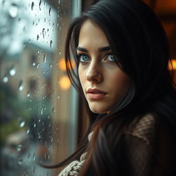 A beautiful woman with long, flowing black hair and piercing blue eyes, gazing thoughtfully out the rain-drenched window