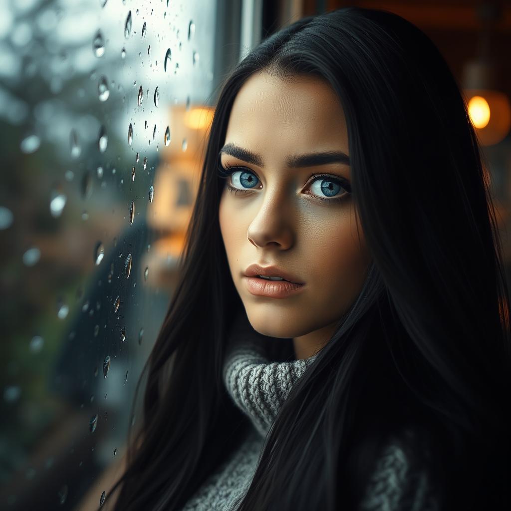 A beautiful woman with long, flowing black hair and piercing blue eyes, gazing thoughtfully out the rain-drenched window