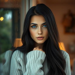 A beautiful woman with long, flowing black hair and piercing blue eyes, gazing thoughtfully out the rain-drenched window