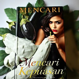 A sensual book cover featuring a beautiful Indonesian girl exuding allure and confidence, surrounded by cucumbers and eggplants covered in a thick, white creamy substance