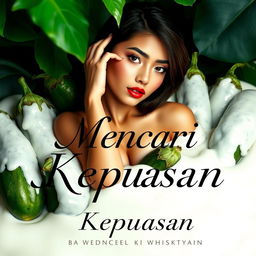 A sensual book cover featuring a beautiful Indonesian girl exuding allure and confidence, surrounded by cucumbers and eggplants covered in a thick, white creamy substance