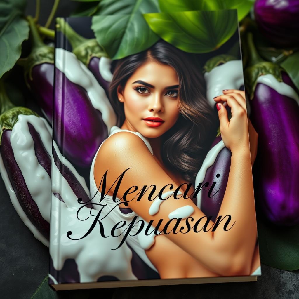 A sensual book cover featuring a beautiful Indonesian girl exuding allure and confidence, surrounded by cucumbers and eggplants covered in a thick, white creamy substance