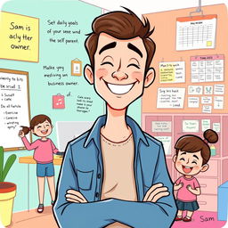 A motivational cartoon illustration of Sam, a solo parent and business owner, depicted as a cheerful adult male with a warm smile