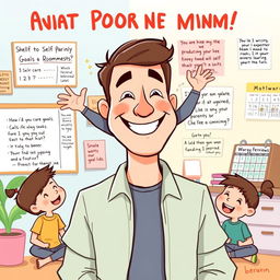 A motivational cartoon illustration of Sam, a solo parent and business owner, depicted as a cheerful adult male with a warm smile