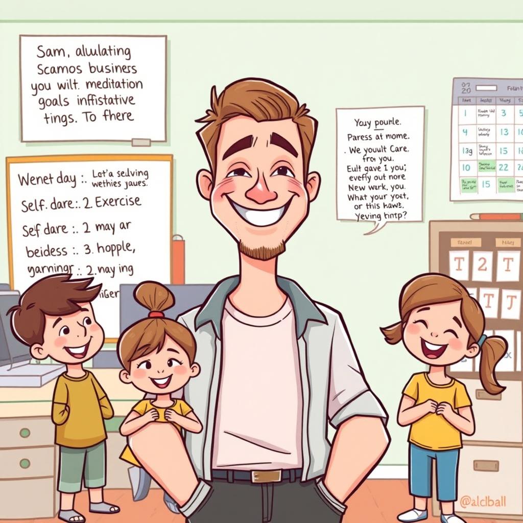 A motivational cartoon illustration of Sam, a solo parent and business owner, depicted as a cheerful adult male with a warm smile