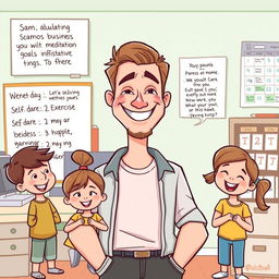 A motivational cartoon illustration of Sam, a solo parent and business owner, depicted as a cheerful adult male with a warm smile