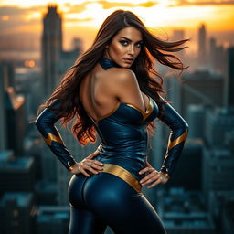A seductive superheroine striking a powerful pose, wearing a sleek and form-fitting costume that emphasizes her curves