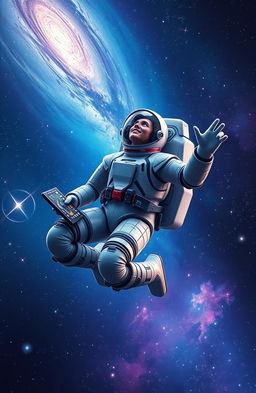 A heroic space explorer in a sleek, high-tech space suit, floating effortlessly in the vastness of space