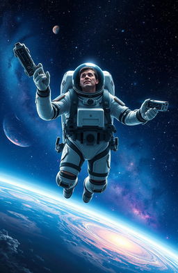 A heroic space explorer in a sleek, high-tech space suit, floating effortlessly in the vastness of space