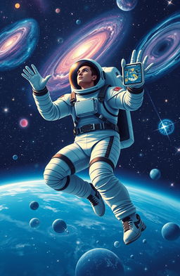 A heroic space explorer in a sleek, high-tech space suit, floating effortlessly in the vastness of space