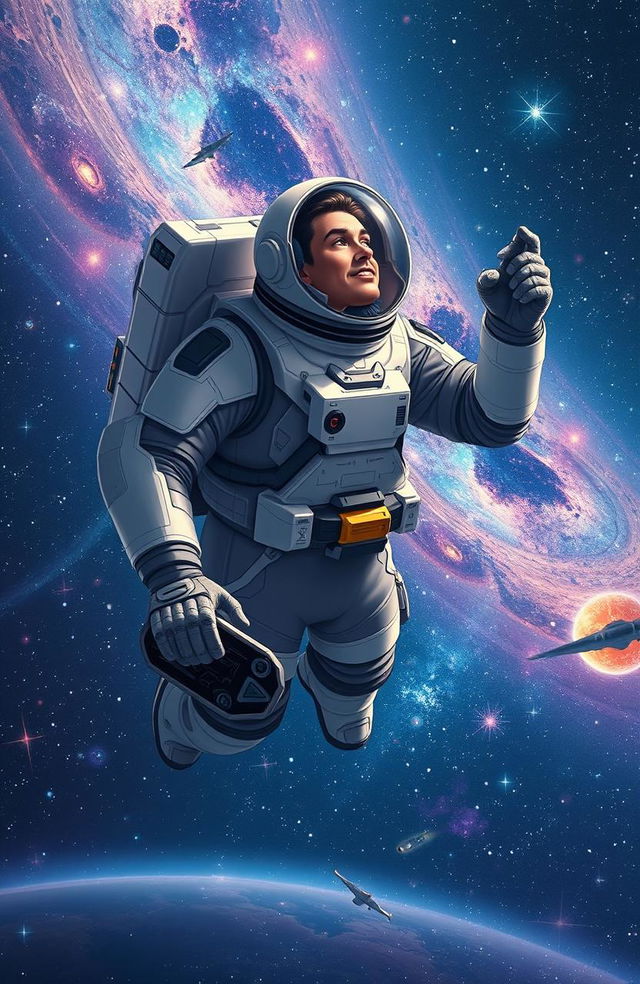 A heroic space explorer in a sleek, high-tech space suit, floating effortlessly in the vastness of space