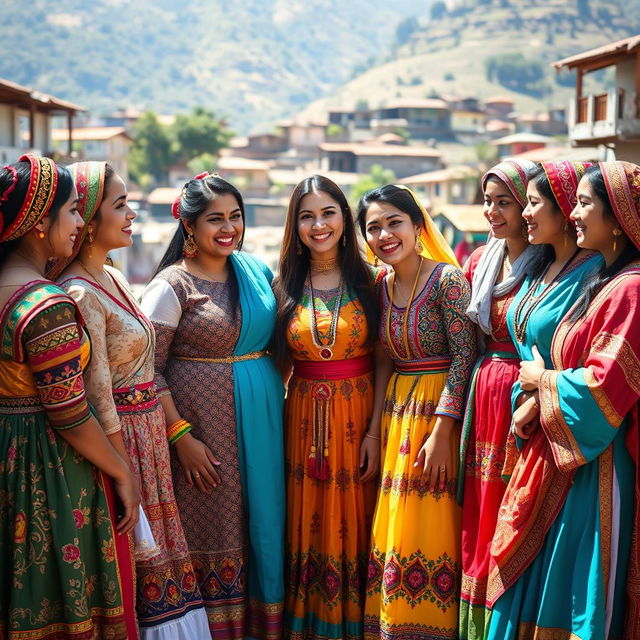 A vibrant scene depicting a group of women in traditional attire gathered together, showcasing various cultural garments