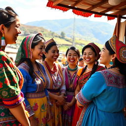 A vibrant scene depicting a group of women in traditional attire gathered together, showcasing various cultural garments