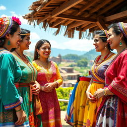 A vibrant scene depicting a group of women in traditional attire gathered together, showcasing various cultural garments