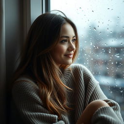 A beautiful woman sitting by a rainy window, her face gently illuminated by the soft, diffused light