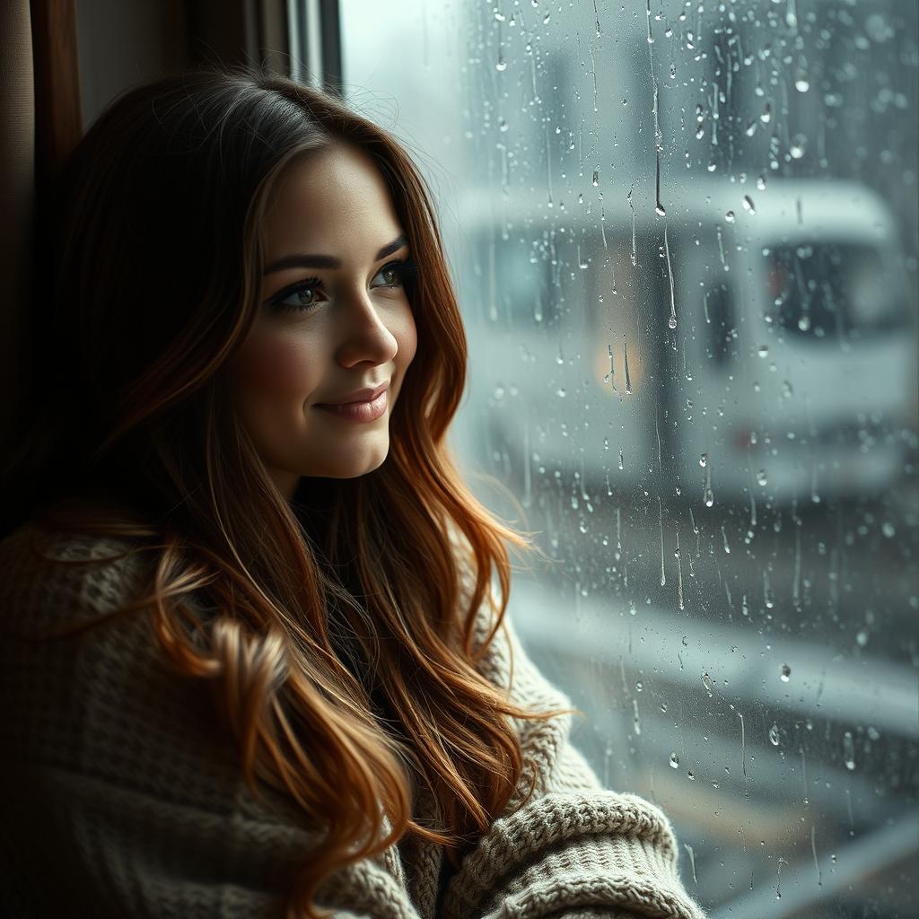 A beautiful woman sitting by a rainy window, her face gently illuminated by the soft, diffused light