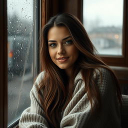 A beautiful woman sitting by a rainy window, her face gently illuminated by the soft, diffused light