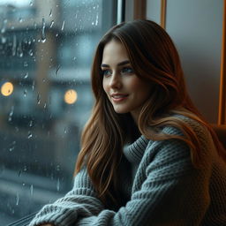 A beautiful woman sitting by a rainy window, her face gently illuminated by the soft, diffused light