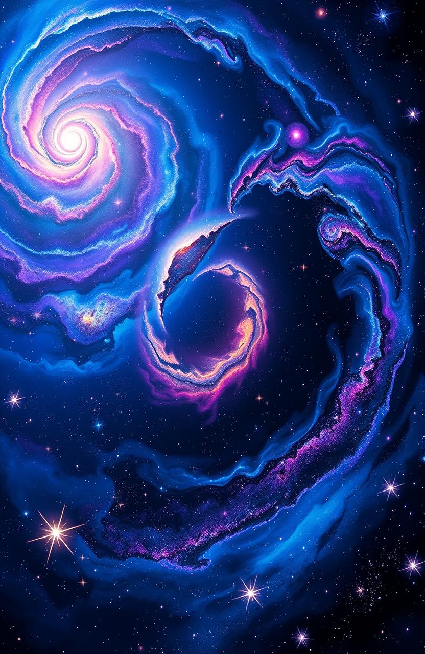 A stunning depiction of a galaxy filled with vibrant colors and swirling patterns, showcasing bright stars, nebulas, and cosmic dust