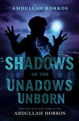 A dark and atmospheric book cover for 'Shadows of the Unborn' by Abdullah Horkos, blending supernatural horror with mystery