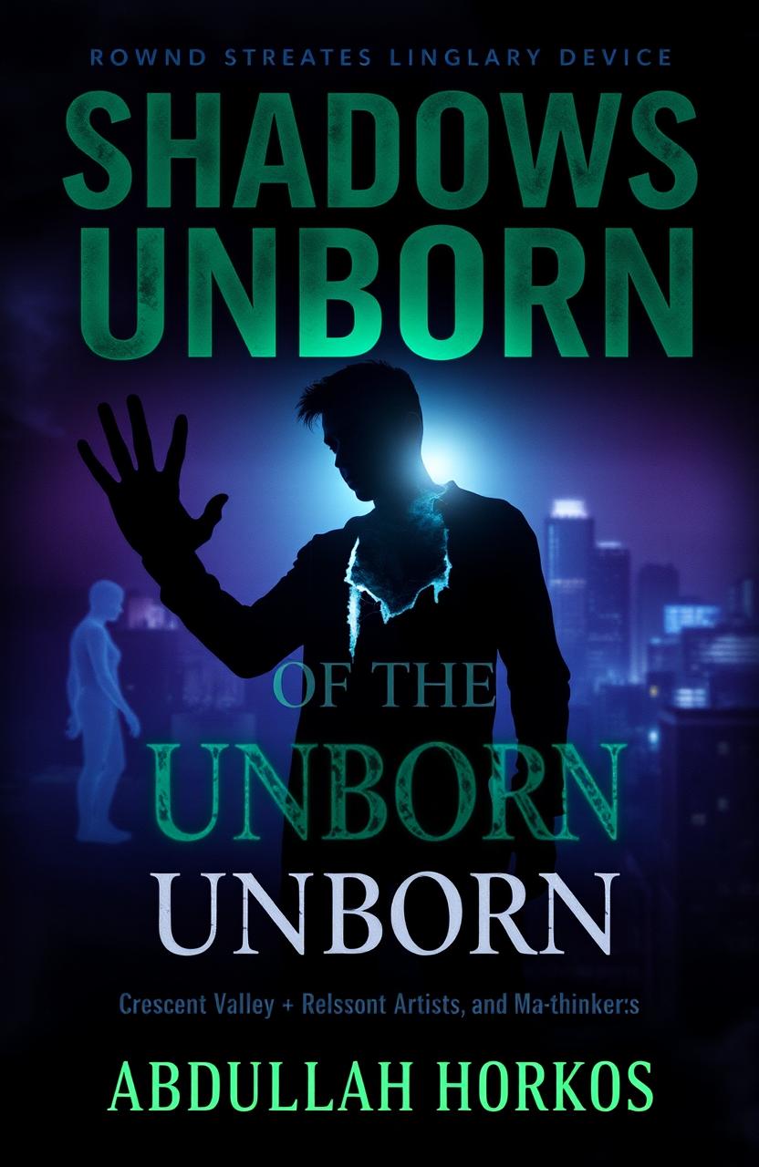 A dark and atmospheric book cover for 'Shadows of the Unborn' by Abdullah Horkos, blending supernatural horror with mystery