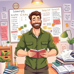 An inspiring illustration of Sam, a solo parent and business owner, portrayed as a strong and optimistic adult male, with a friendly demeanor